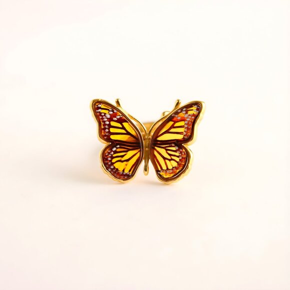 Baltic Amber Gold Butterfly Ring- 14k Gold Plated S925 - Picture 1 of 7
